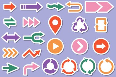 Renkli ve pop stili ok simgesi seti. Kız ve şirin ikonlar. Değişken renklere sahip vektör illüstrasyonu