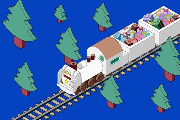 クリスマスプレゼントを運ぶSl列車のイラストが森を駆け抜けています 三次元等角主線のイラスト クリスマスのイメージ素材 利用可能なコピースペース — ストックベクタ