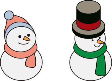 Eşarplı ve şapkalı iki kardan adam tasviri, izometrik üç boyutlu ikon çizimi. Noel konsepti