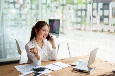 veri analizi, plan, pazarlama, muhasebe, denetleme, Asyalı iş kadını pazarlama planlama akıllı telefonu tutuyor. Pazarlama projesini sunmak için istatistiksel veri tablosu ve bilgisayar kullanın.