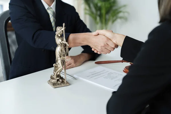 Law, consultation, agreement, contract, lawyer or attorney shakes hands to agree on the clients offer to be hired to fight the parties in court. — Stockfoto