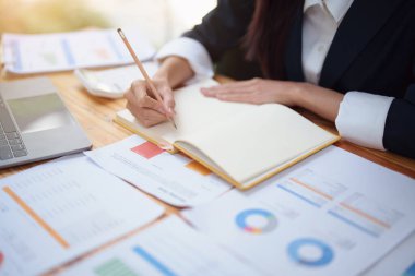 Genç ekonomistler veya muhasebeciler veya finansörler ve yatırımcılar bütçe belgelerini gözden geçiriyorlar ve kurumsal yatırım yönetimi üzerindeki etki ve risk değerlendirmelerini incelemek için bilgisayarları kullanıyorlar