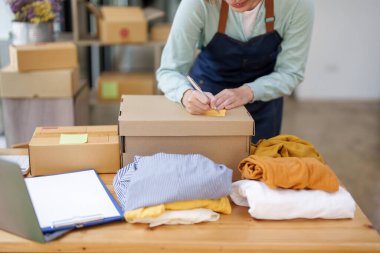 A portrait of a small startup, and SME owner, an Asian female entrepreneur, is writing down information on a notepad to organize the product before packing it into the inner box for the customer.