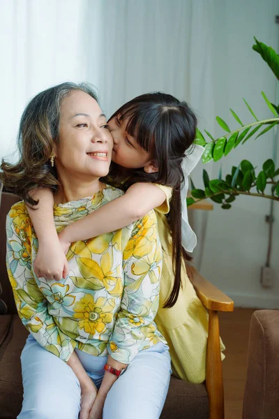 아시아의 초상화 할머니와 손녀가 활동을 서로에 보살핌을 보이기 포옹하는 — 스톡 사진