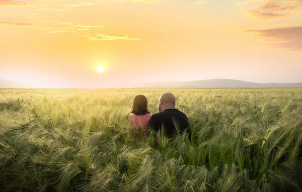 Farmer father and daughter, modern farmer father and daughter in the field ar sunset. Spending day in green wheat field, beautiful agricultural Father\'s Day celebration idea.