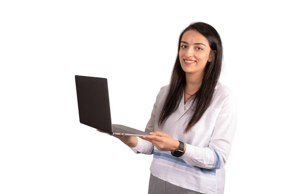 Holding Modern Laptop Young Beautiful Caucasian Woman Holding Modern Laptop — Stock Fotó