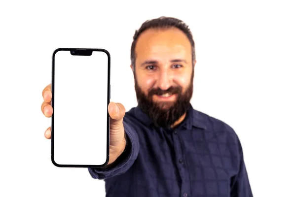 Showing Smartphone Screen Portrait Man Isolated White Background Showing Smartphone — Stock Fotó