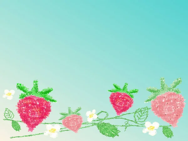 Hintergrund Illustration Von Erdbeeren Und Blauem Frühlingshimmel Wachsmalkreide Textur — Stockvektor