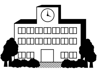 Üç boyutlu bir okulun tek renkli çizimi, saati ve bitkileri olan bir okul binasının silüeti.