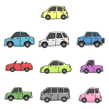 Beyaz üzerine çizim tarzında bir araba kümesi