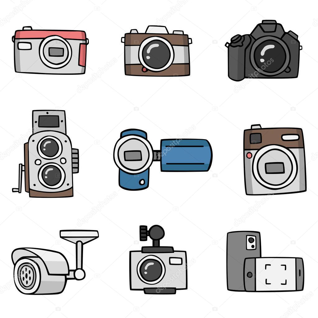 Set of cameras in drawing style vector