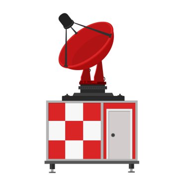 Modayı takip eden uydu istasyonu beyaz zemin üzerinde izole edilmiş vektör, iletişim ekipmanları teknolojisi grafik tasarımı.