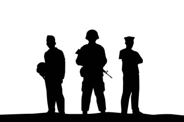 Ordu donanması ve hava kuvvetleri silueti geçmişi olan bir asker, insanlar vektör illüstrasyonu tasarlıyorlar..