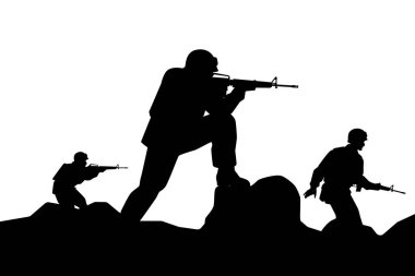 Harekat silueti vektörü olan bir asker sürüsü, basit tasarlanmış siyah beyaz asker, savaşta savaşçı..
