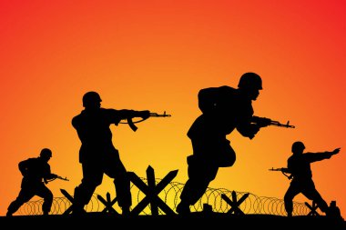Asker birlikleri harekat görevinde gün batımı silueti geçmişinde, savaş tasarımı vektör illüstrasyonunda savaşçı..