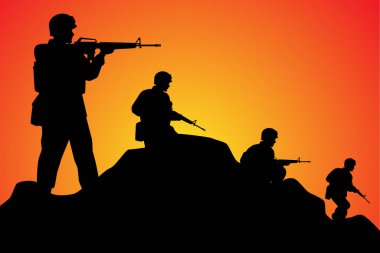 Asker birlikleri harekat görevinde gün batımı silueti geçmişinde, savaş tasarımı vektör illüstrasyonunda savaşçı..