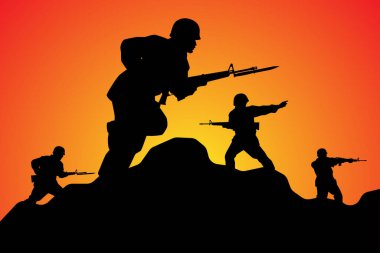 Asker birlikleri harekat görevinde gün batımı silueti geçmişinde, savaş tasarımı vektör illüstrasyonunda savaşçı..