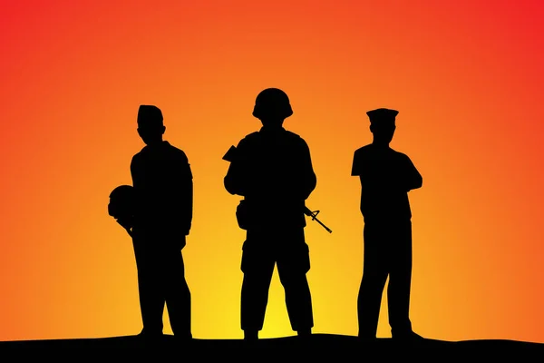Στρατιώτης Ναυτικό Στρατό Και Ηλιοβασίλεμα Της Αεροπορίας Φόντο Σιλουέτα Άνθρωποι — Διανυσματικό Αρχείο