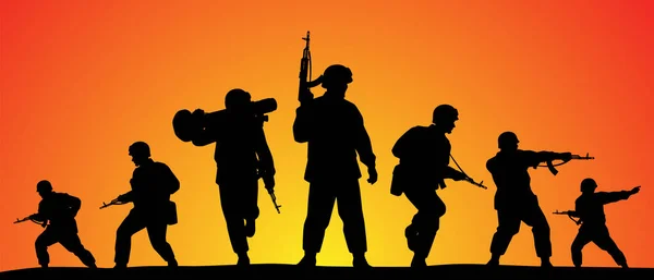 Soldati Truppe Missione Operativa Tramonto Silhouette Sfondo Guerriero Nella Battaglia — Vettoriale Stock