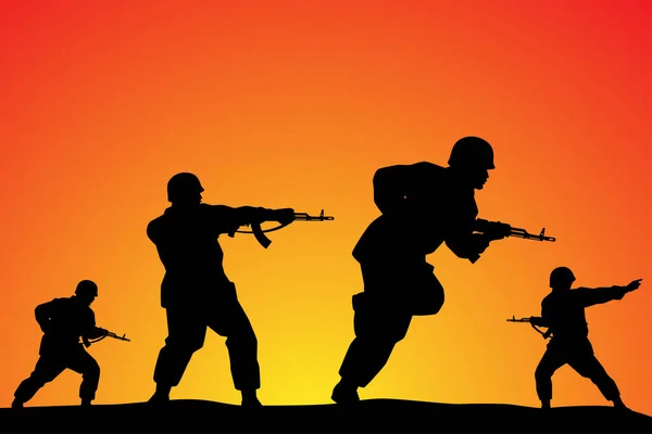 Soldati Truppe Missione Operativa Tramonto Silhouette Sfondo Guerriero Nella Battaglia — Vettoriale Stock