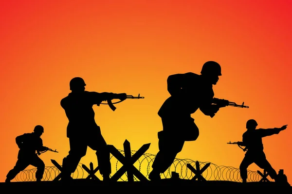 Soldiers Troop Operative Mission Sunset Silhouette Background Warrior Battle Design — ストックベクタ