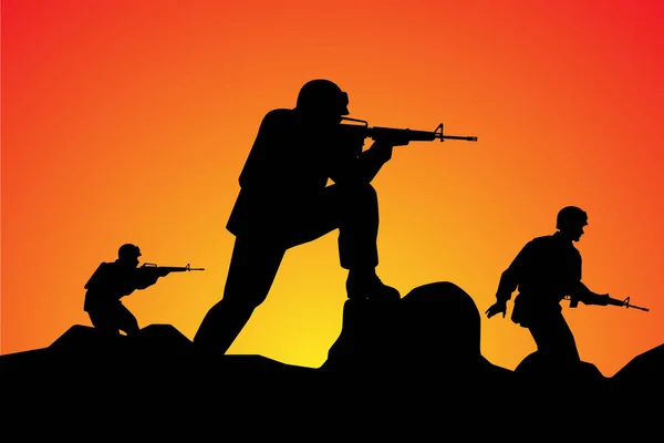 Żołnierze Misji Operacyjnej Zachód Słońca Sylwetka Tła Wojownik Projekcie Bitwy — Wektor stockowy