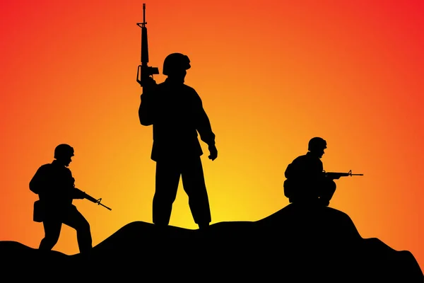 Pasukan Tentara Dalam Misi Operasi Matahari Terbenam Latar Belakang Siluet - Stok Vektor