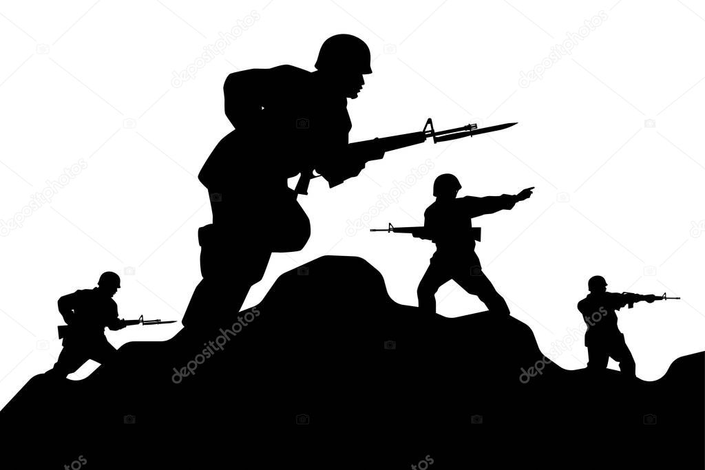 A troop of soldiers in action silhouette vector, simple designed military man in black and white, warrior in the war.