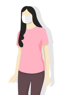 Kadın virüs koruması, hava kirliliği, kirli hava ve dünya kirliliği için yüz maskesi takıyor. Modern düz vektör illüstrasyonu.