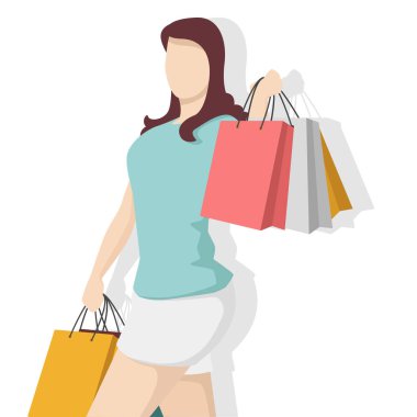 Alışveriş çantalı mutlu kadın modern düz stil, basit insanlar ve beyaz arka planda moda konsepti..
