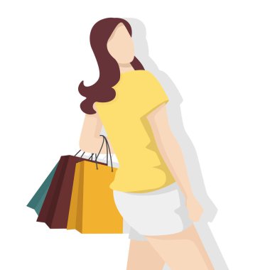 Alışveriş çantalı mutlu kadın modern düz stil, basit insanlar ve beyaz arka planda moda konsepti..