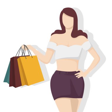 Alışveriş çantalı mutlu kadın modern düz stil, basit insanlar ve beyaz arka planda moda konsepti..