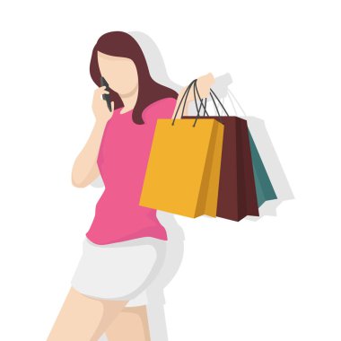 Alışveriş çantalı mutlu kadın modern düz stil, basit insanlar ve beyaz arka planda moda konsepti..