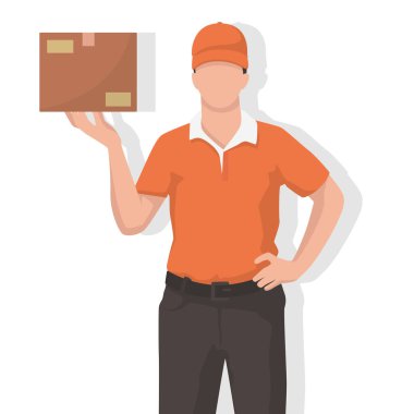 Modern tarz vektör illüstrasyonunda teslimatçı, beyaz arka planda sade düz gölge.