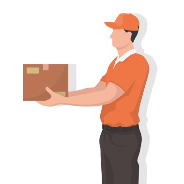 Modern tarz vektör illüstrasyonunda teslimatçı, beyaz arka planda sade düz gölge.