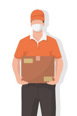 Teslimatçı, virüs koruması, hava kirliliği, kirli hava ve dünya kirliliği için yüz maskesi takıyor. Modern düz vektör illüstrasyonu.