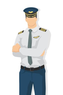Modern stil vektör illüstrasyonunda uçak pilotu, beyaz arka planda basit düz gölge, Kaptan..