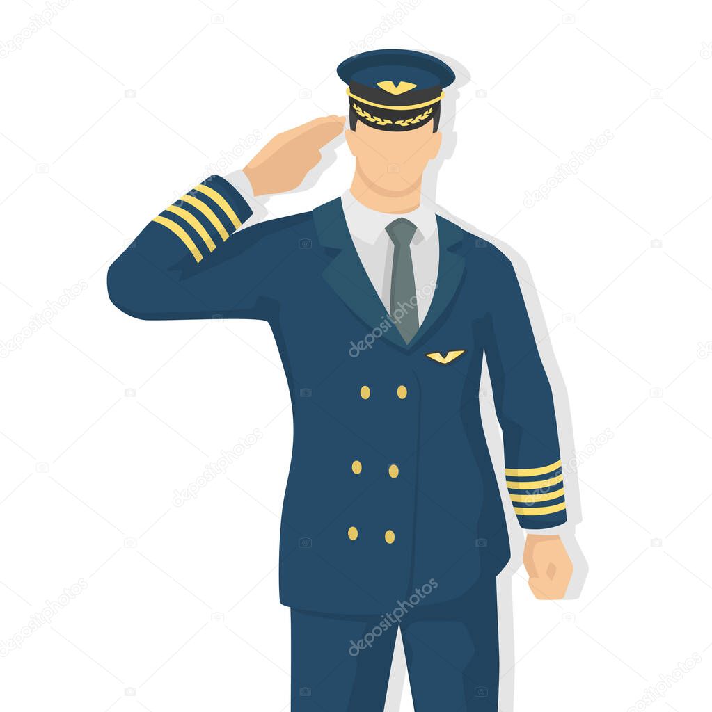 Airplane pilot in modern style vector illustration, man simple flat shadow isolated on white background, captain.