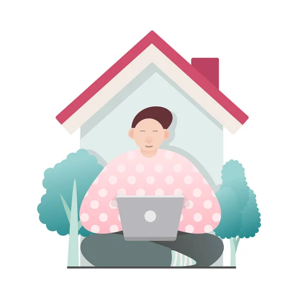Sitting Young Man Laptop Work Home Simple Modern Flat Style — Stock Vector