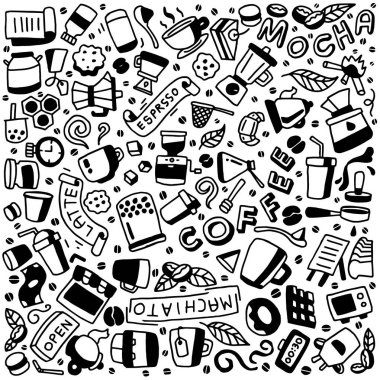 Kahve karalamaları elle çizilmiş vektör sembolleri ve nesneler