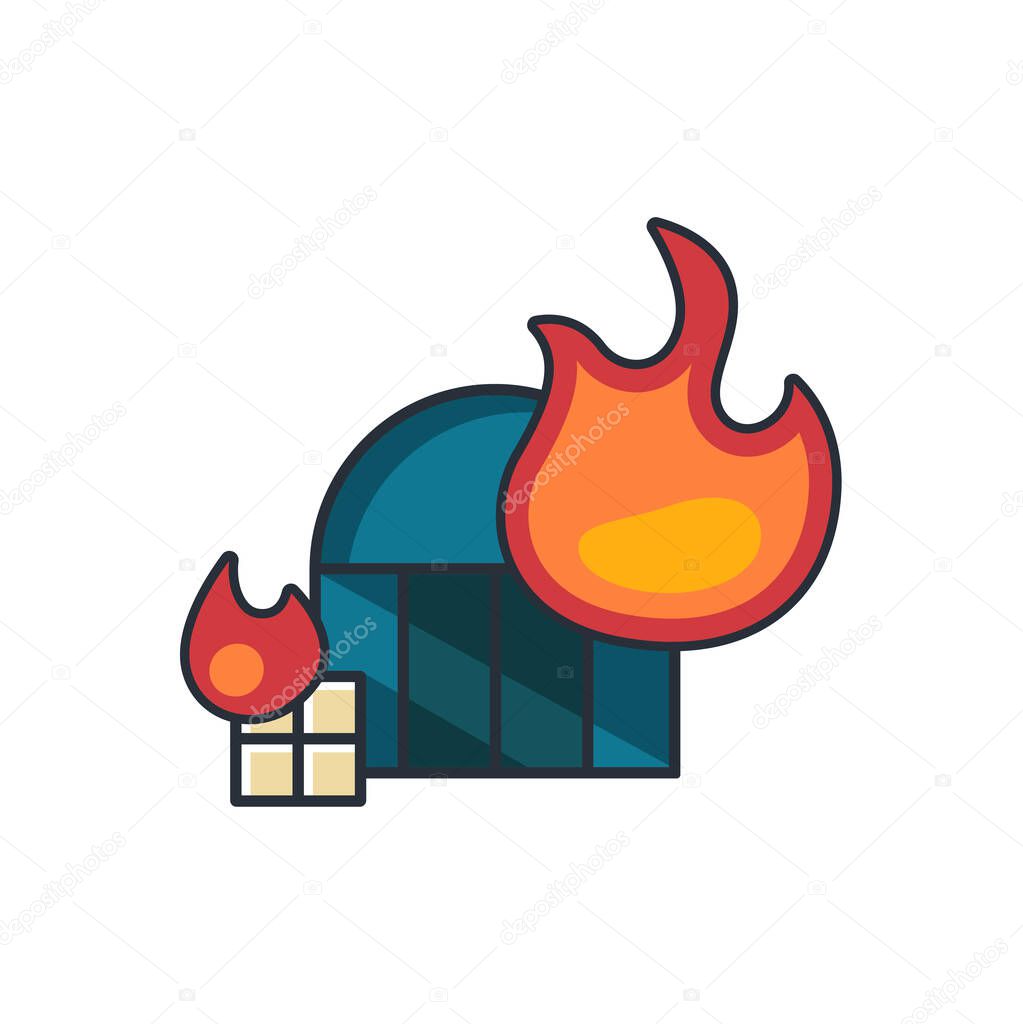 Collection colored thin icon of burning warehouse, insurance business concept vector illustration.