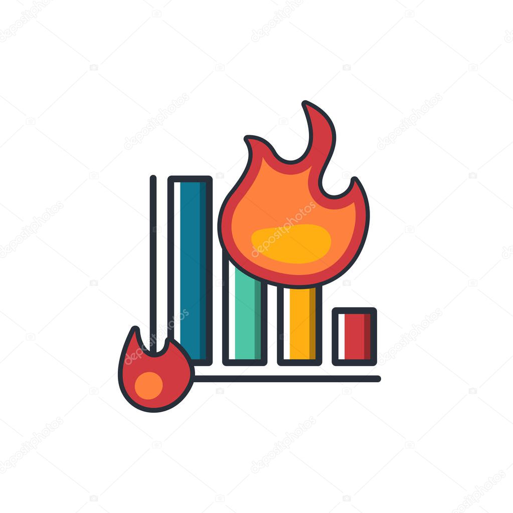 Collection colored thin icon of  burning graph, crisis of business concept vector illustration.