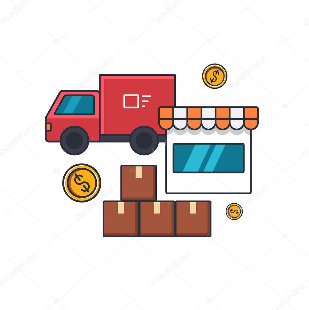 Collection colored thin icon of cargo delivery, business and transportation concept vector illustration.