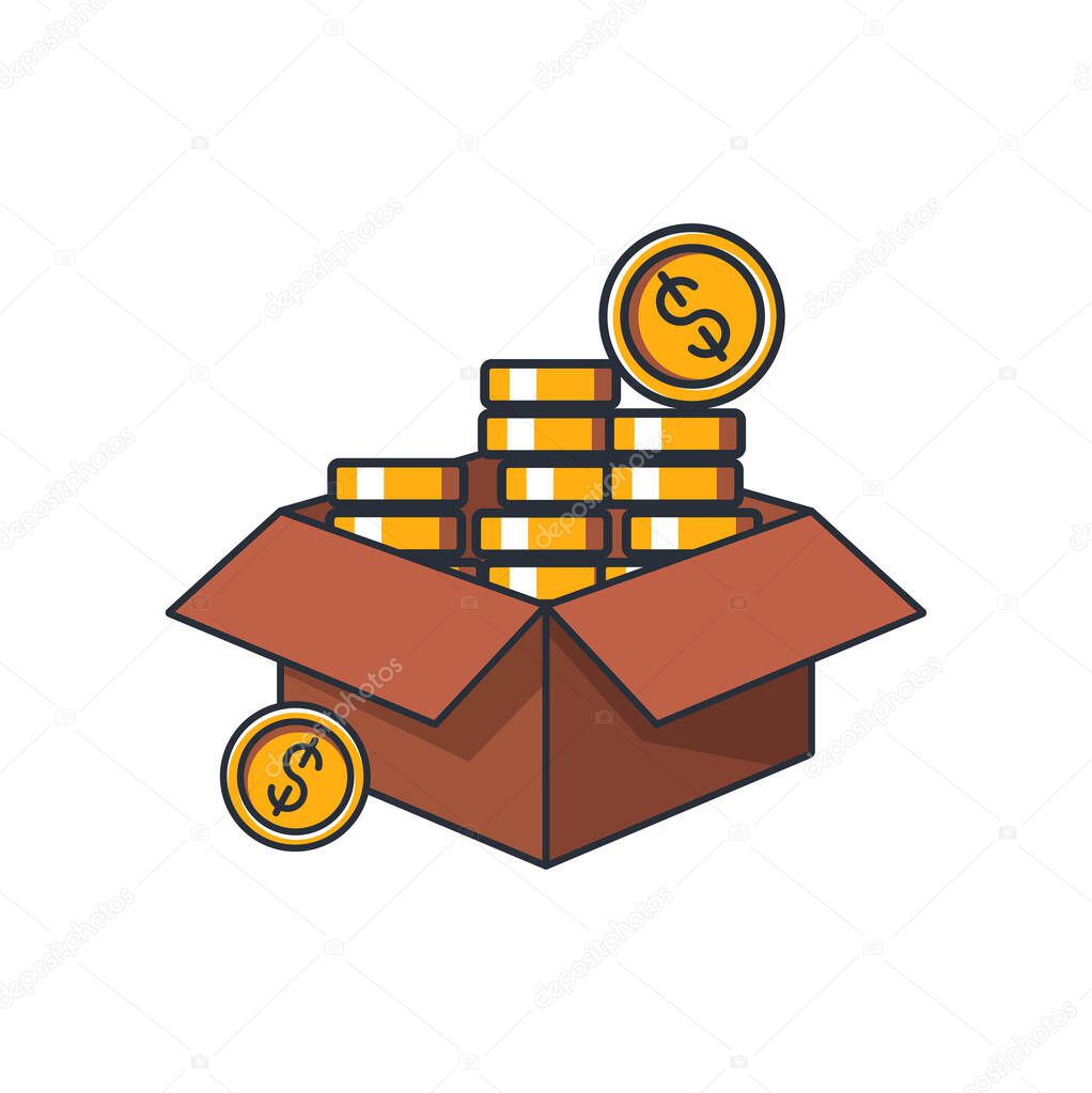 Collection colored thin icon of money coins in box, business and transportation concept vector illustration.