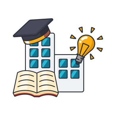 Eğitim ofisi, kapak, kitap, ampul, iş ve finans konsepti illüstrasyonunun ince simgesi.