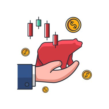 Koleksiyon, el, grafik, para sikkeleri, iş ve finans konsepti illüstrasyonunda ayı pazarının ince simgesi