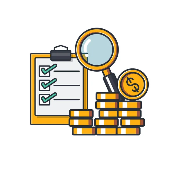Koleksiyon, finansal kontrol, büyüteç, para sikkeleri, iş ve finans konsepti illüstrasyonunun ince simgesi.
