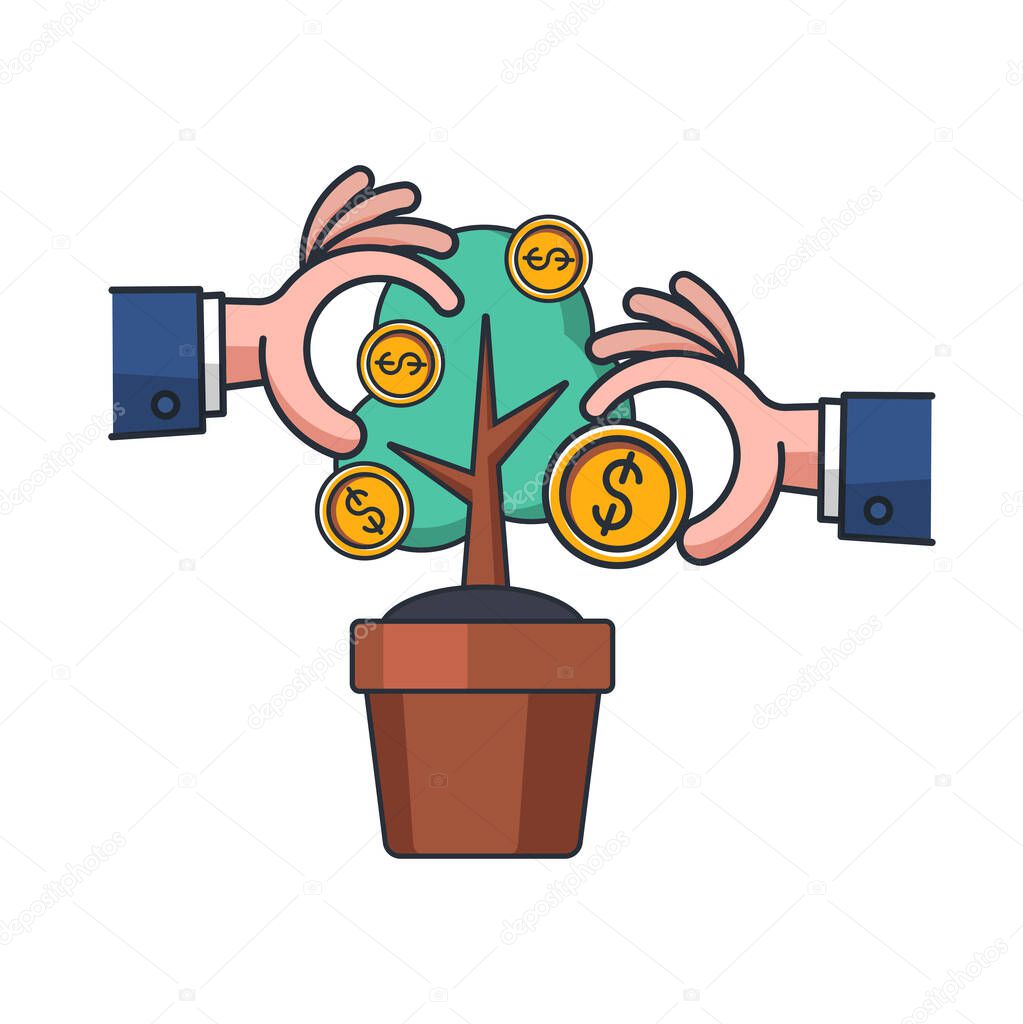 Collection colored thin icon of hand pick coin from tree, business and finance concept vector illustration.