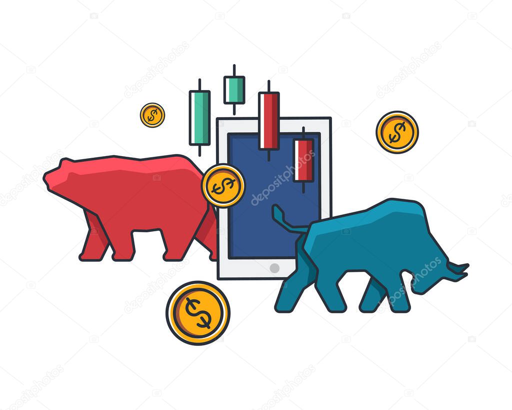 Collection colored thin icon of trading market, bear and bull, tablet, graph, money coins, business and finance concept vector illustration.