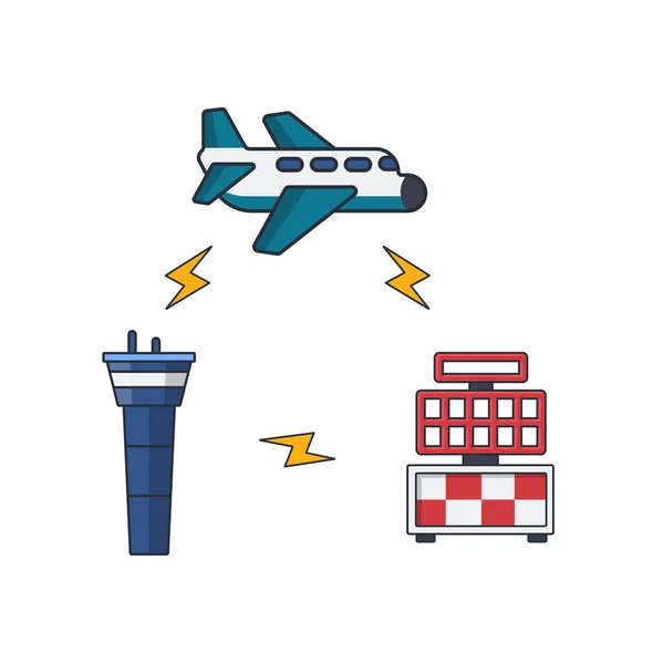 Koleksiyon, havacılık iletişimi, uçak, radar, ATC kulesi, ulaşım veya teknoloji konsepti illüstrasyon ikonu.
